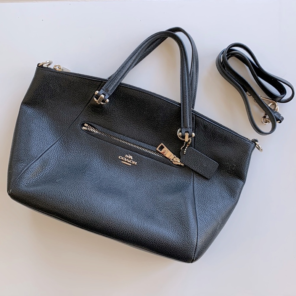 Coach black leather zip top sachel with detachable shoulder strap.